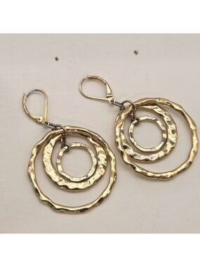Hammered Gold-Tone Triple Hoop Dangle Earrings With Leverback Closures 2" Drop